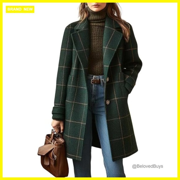 Wool Trench Coat Notched Collar Plaid Overcoat Women's Winter Outerwear